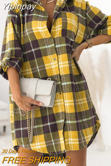 Yipinpay friend tunic women's casual Korean top women's autumn Street shirt retro large Plaid